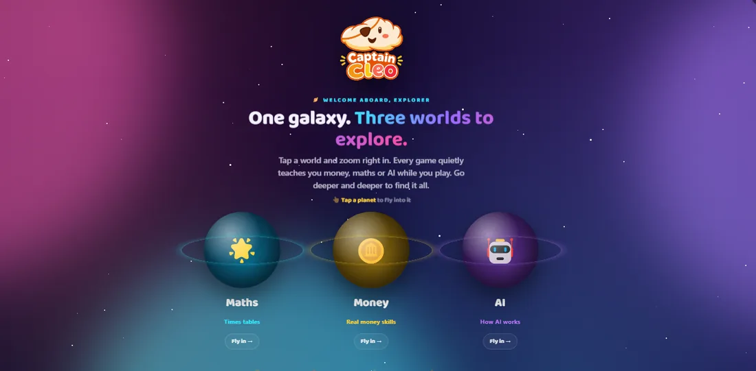Captain Cleo, the children's games app: one galaxy with three worlds to explore, Maths, Money and AI
